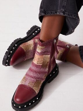 Free People Chelsea Tate Boot Mulberry Mix  Patterned Knit Ankle Boots Bohemian